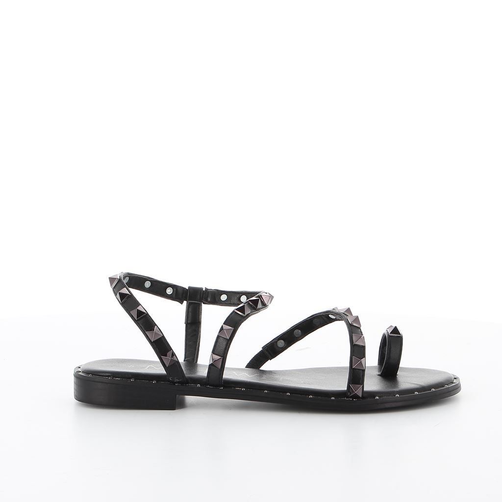 Sandali Bassi Infradito con Cerchi e Borchie Flat Vera Pelle Nero