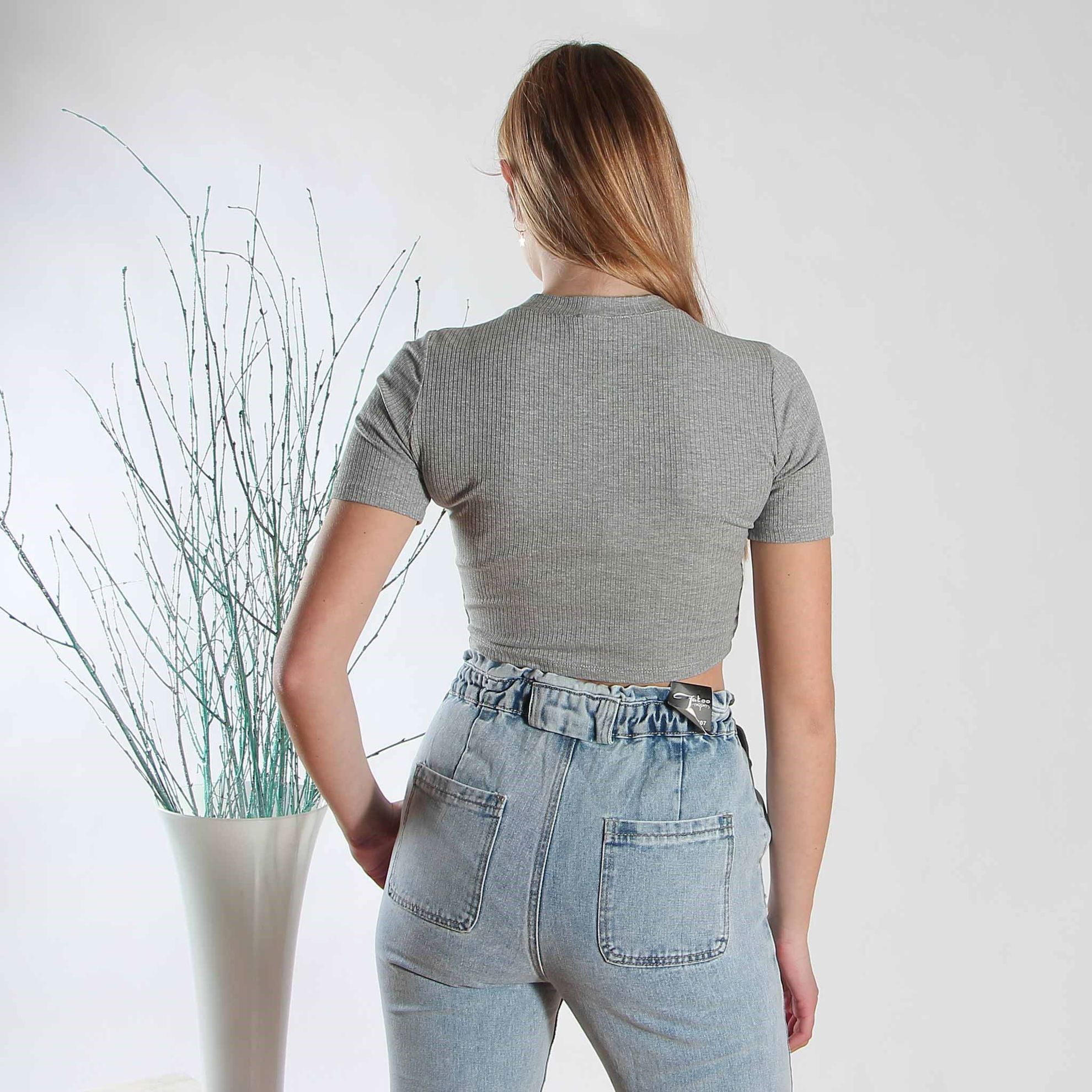 Maglietta Donna A Costine, Girocollo, Manica Corta, Crop Top, Misto Cotone Elastan, Vestibilità Aderente, Morbida, Taglia Unica