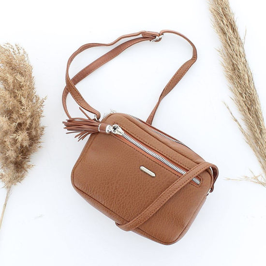 Immagine di DAVID JONES - Tracolla cognac con tasca zip frontale e pennacchio a frange