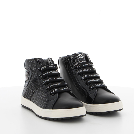 Immagine di LAURA BIAGIOTTI - Sneakers nera con stampa logo glitter e fascia laterale con strass