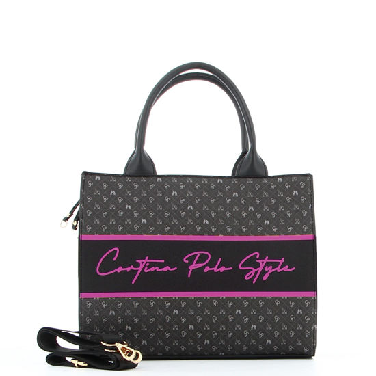 Immagine di CORTINA POLO STYLE -  Borsa due manici nera con scritta fuxia, tracolla rimovibile