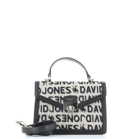 Immagine di DAVID JONES - Cartellina beige un manico con stampa scritte e patta con chiusura a girello, tracolla rimovibile