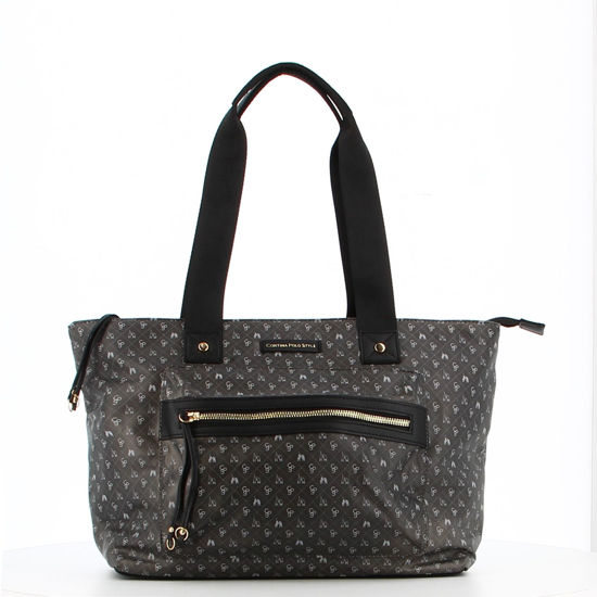 Immagine di CORTINA POLO STYLE - Borsa shopping nera loggata con zip frontale orizzontale