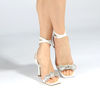 Immagine di MISS GLOBO - Sandalo bianco lucido lace up con fiocco di strass e soletta VERA PELLE, tacco 9,5cm