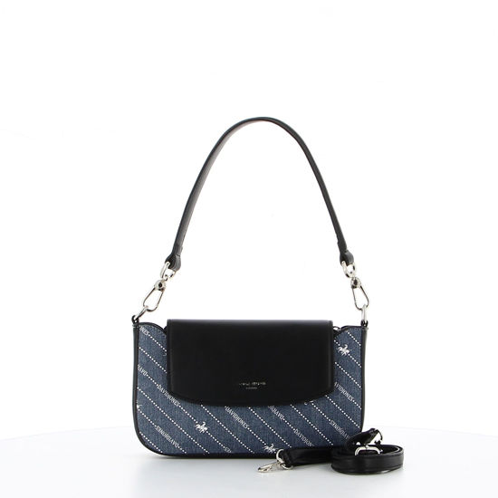 Immagine di DAVID JONES - Borsa a mano blue jeans con patta nera e tracolla removibile