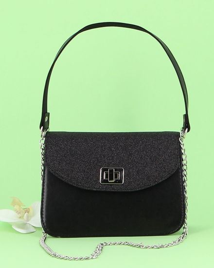 Immagine di ANNES NICOLE - Pochette nera un manico con patta glitterata, chiusura a girello e catenina removibile, MADE IN ITALY