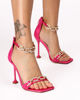 Immagine di SOPRANI COUTURE - Sandalo fuxia in raso con punta quadrata, sottopiede in VERA PELLE e dettaglio catena con strass, tacco 10,5CM
