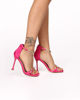 Immagine di SOPRANI COUTURE - Sandalo fuxia in raso con punta quadrata, sottopiede in VERA PELLE e dettaglio catena con strass, tacco 10,5CM
