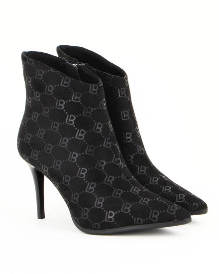 Immagine di LAURA BIAGIOTTI - Tronchetto nero scamosciato a punta con stampa logo e zip laterale, tacco 8cm