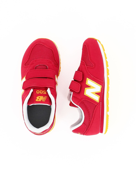 Immagine di NEW BALANCE - Sneakers da bambino rossa e gialla con dettagli bianchi e strappo, numerata 28/35