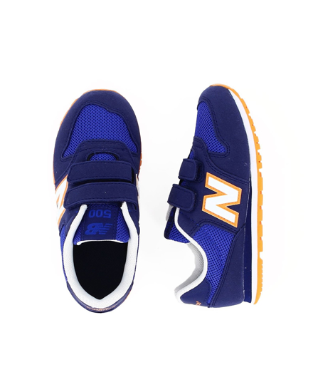 Immagine di NEW BALANCE - Sneakers da bambino blu e arancione con dettagli bianchi e strappo, numerata 28/35
