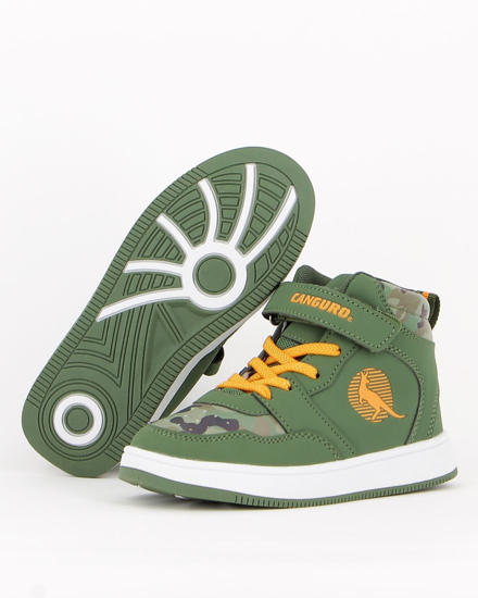 Immagine di CANGURO - Sneakers da bambino alta verde e gialla con dettagli camouflage e strappo, numerata 30/35