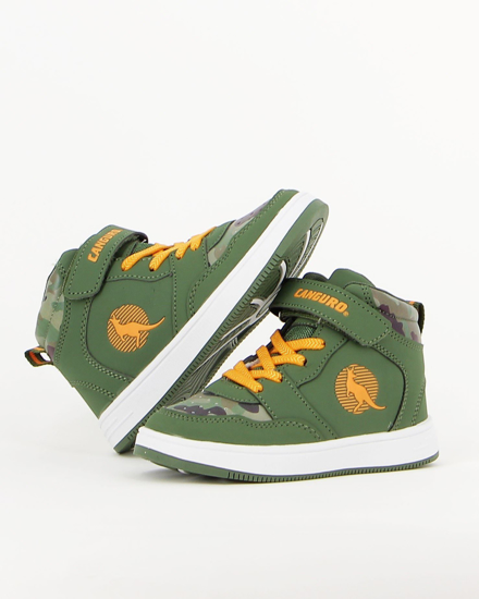 Immagine di CANGURO - Sneakers da bambino alta verde e gialla con dettagli camouflage e strappo, numerata 24/29