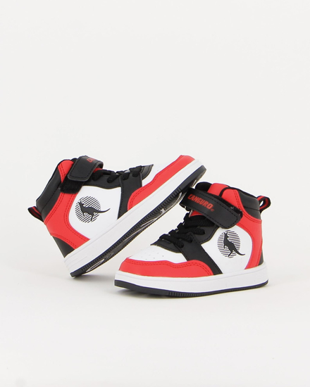 Immagine di CANGURO - Sneakers da bambino alta bianca e nera con dettagli rossi e strappo, numerata 24/29