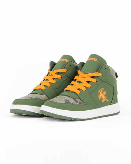 Immagine di CANGURO - Sneakers da bambino alta verde e gialla con dettagli camouflage e lacci, numerata 36/39