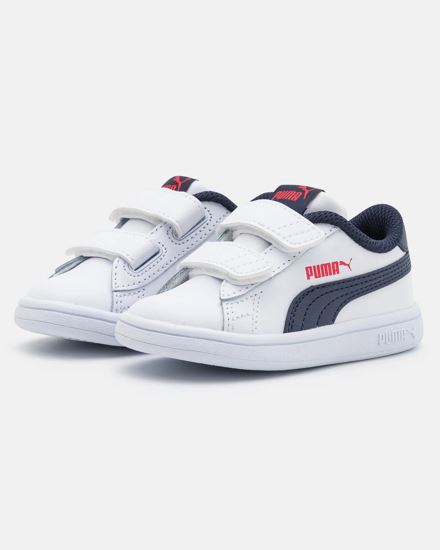Immagine di PUMA - Sneakers da bambino in VERA PELLE bianca e blu con dettagli rossi e doppio strappo, numerata 28/35 - SMASH V2 L V PS