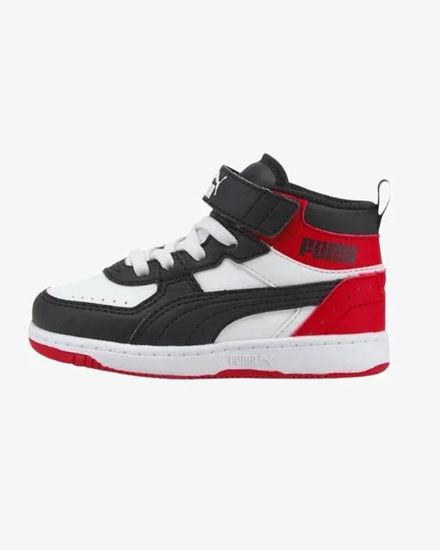Immagine di PUMA - Sneakers alta da bambino nera e bianca con dettagli rossi e strappo, numerata 22/27 - REBOUND JOY AC INF