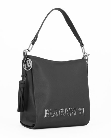 Immagine di LAURA BIAGIOTTI - Borsa nera un manico con scritta frontale e pennacchio a frange con ciondolo metallico