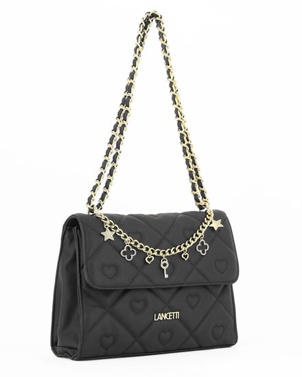 Immagine di LANCETTI - Tracolla nera trapuntata con cuori e catenina con ciondoli sulla patta