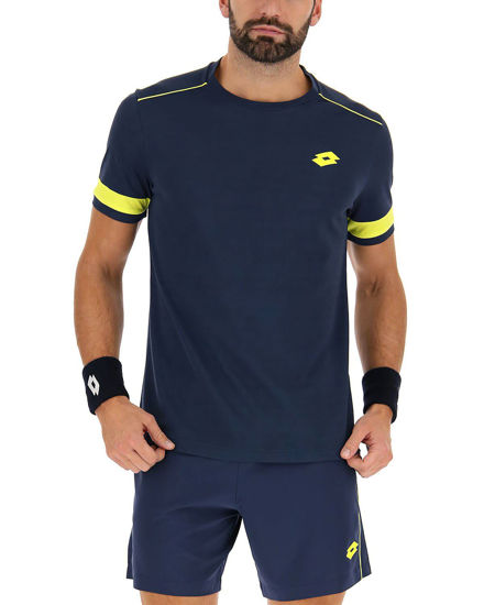Immagine di LOTTO - Maglietta da padel blu in tessuto traspirante con dettagli giallo fluo - SUPERRAPIDA V