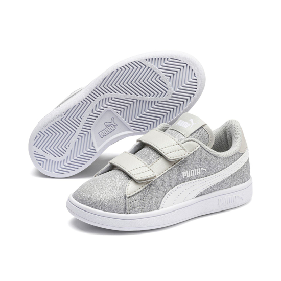Immagine di PUMA - Sneakers da bambina argento glitter e bianca con doppio strappo e soletta in memory foam, numerata 28/35 - SMASH V2 GLITZ GLAM V PS