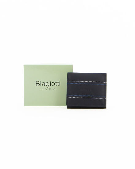 Immagine di Portafoglio uomo blu in VERA PELLE con cuciture frontali azzurre e incisone del logo, portaspicci e portacarte- Laura Biagiotti