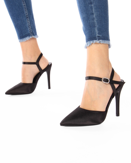 Immagine di MY JEWELS -Décolleté slingback  in raso nero, con cinturino alla caviglia, tacco 7 cm