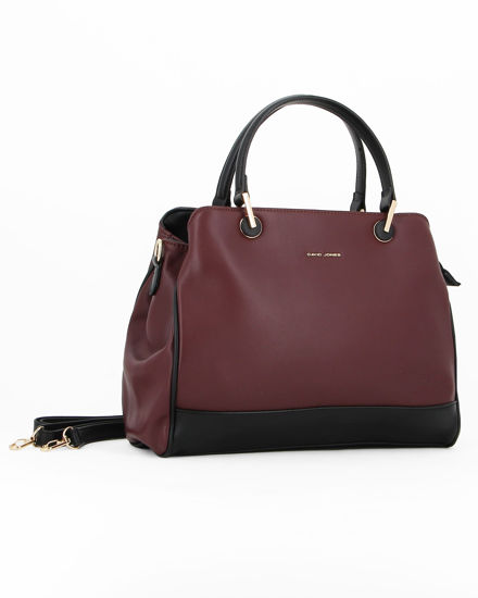 Immagine di DAVID JONES - Borsa due manici bordeaux con fascia nera sul fondo e tre scomparti principali, tracolla removibile