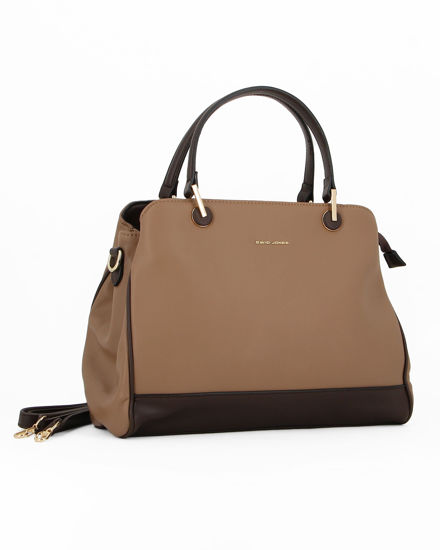 Immagine di DAVID JONES - Borsa due manici beige con fascia nera sul fondo e tre scomparti principali, tracolla removibile