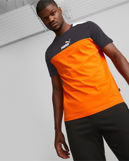 Immagine di PUMA - T shirt girocollo da uomo arancione e nera in cotone con dettagli bianchi