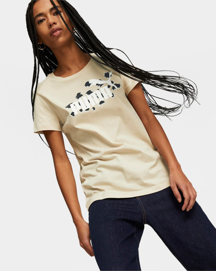 Immagine di PUMA - T shirt girocollo da donna beige in cotone con logo leopardato