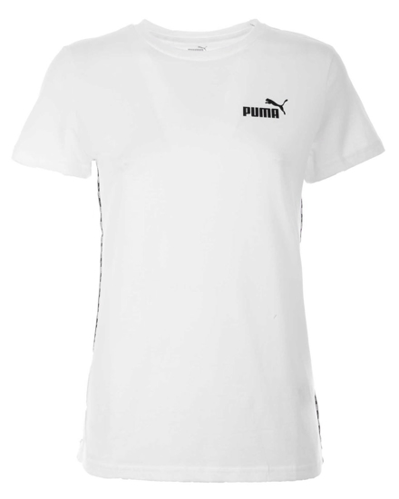 Immagine di PUMA - T shirt girocollo da donna bianca in cotone con logo nero e stampa logo laterale