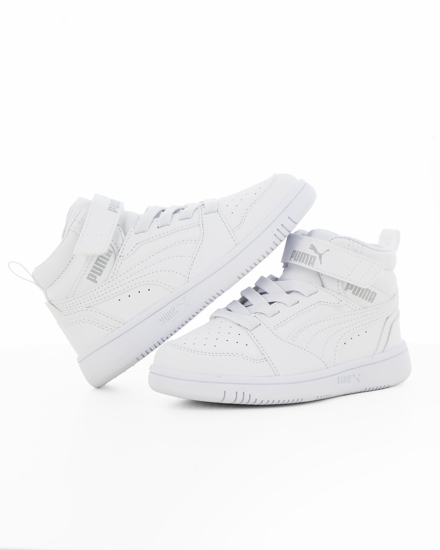 Immagine di PUMA - Sneaker alta da bambino bianca con dettagli grigi e strappo, numerata 28/35 - REBOUND V6 MID AC PS