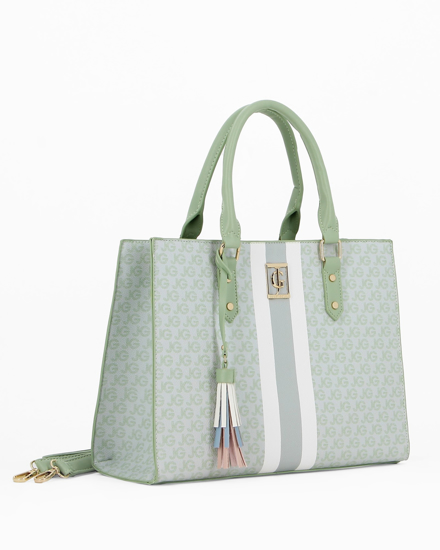 Immagine di JUST GOLF - Borsa due manici verde con logo metallico frontale e pennacchio a frange multicolor, tracolla removibile