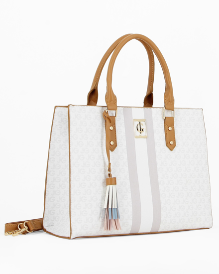 Immagine di JUST GOLF - Borsa due manici beige con logo metallico frontale e pennacchio a frange multicolor, tracolla removibile