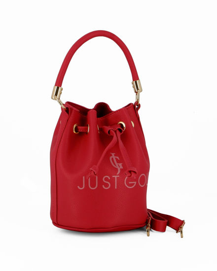 Immagine di JUST GOLF - Borsa secchiello rossa con stampa logo e chiusura a coulisse, tracolla removibile