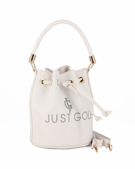 Immagine di JUST GOLF - Borsa secchiello bianca con stampa logo e chiusura a coulisse, tracolla removibile