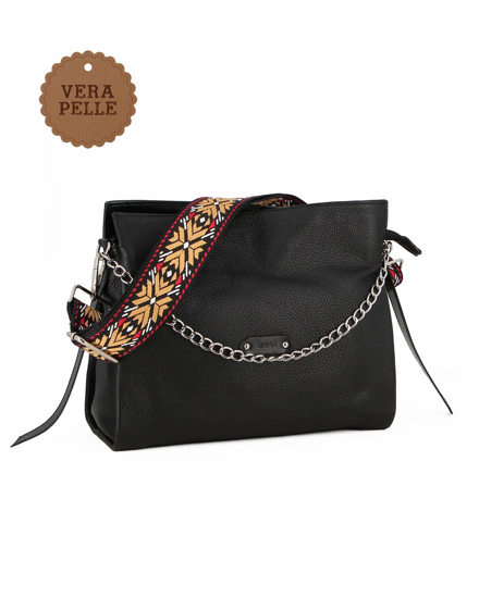 Immagine di DIVAS - Borsa sacca nera in  VERA PELLE con tracolla nastro - MADE IN ITALY