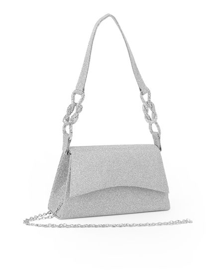 Immagine di MISS GLOBO - Pochette argento in lurex con patta, dettaglio nodi in strass sul manico