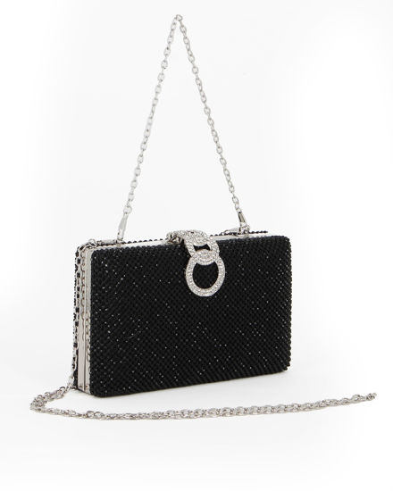 Immagine di Pochette clutch nera con strass e chiusura tre anelli con strass - DIVAS