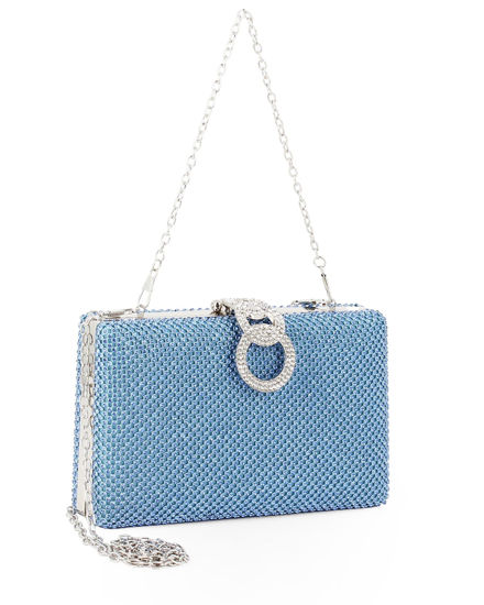 Immagine di Pochette clutch azzurra con strass argento e chiusura tre anelli con strass - DIVAS