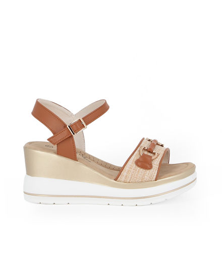 Immagine di MISS GLOBO - Sandalo beige con morsetto e sottpiede in VERA PELLE, zeppa 7CM