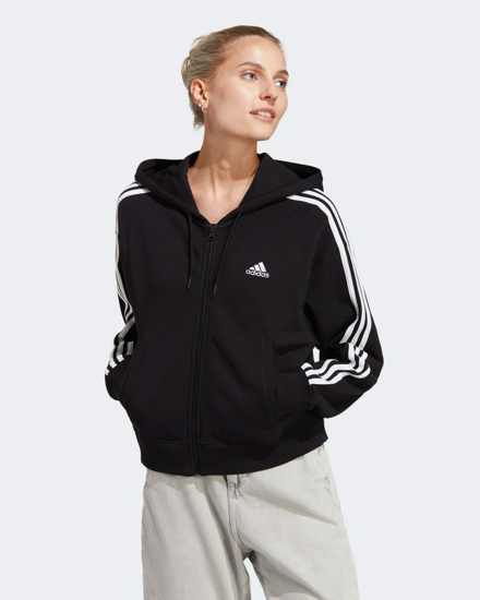 Immagine di ADIDAS - Felpa nera da donna con zip frontale e cappuccio - IC8781