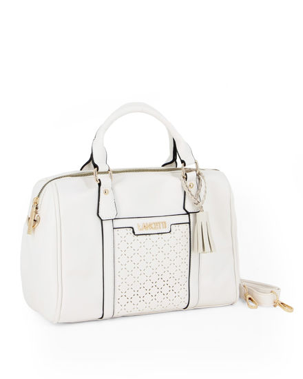 Immagine di LANCETTI - Borsa bauletto due manici bianco con pennacchio a frange, tracolla removibile