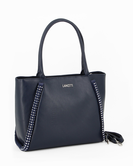 Immagine di LANCETTI - Borsa shopping due manici blu con dettagli strass, tracolla removibile