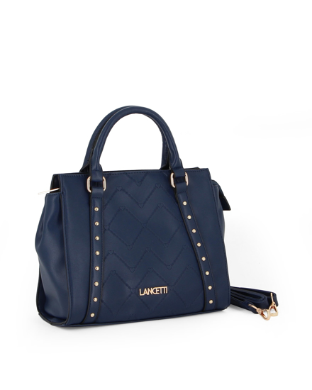 Immagine di LANCETTI - Borsa due manici blu trapuntata con dettaglio borchie e cuori, tracolla removibile