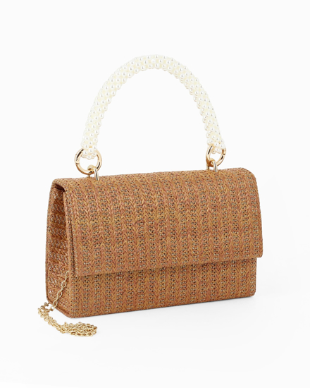 Immagine di DIVAS - Pochette in paglia color bronzo con patta e manico con perle