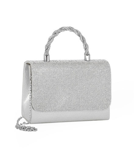 Immagine di DIVAS - Pochette argento con patta e manico intrecciato in strass