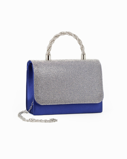 Immagine di DIVAS - Pochette blu in raso con manico e patta in strass