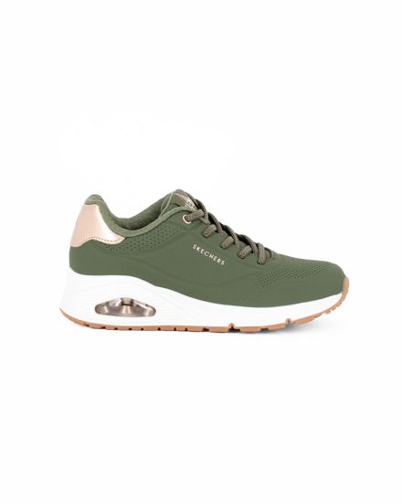 Immagine di SKECHERS UNO SHIMMER AWAY - Sneakers verde da donna con dettaglio tomaia traforata e inserto oro